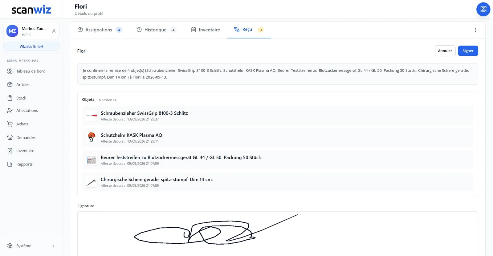Signer dans Scanwiz : texte de confirmation « Je confirme la remise de 4 objet(s) à Flori », liste des objets avec date d’affectation et champ de signature avec signature manuscrite